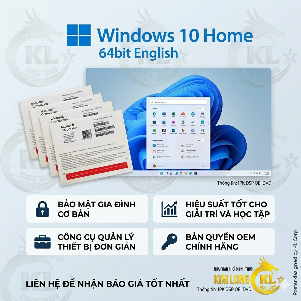 Phần Mềm Microsoft Windows 10 Home 64bit English 1PK DSP OEI DVD 